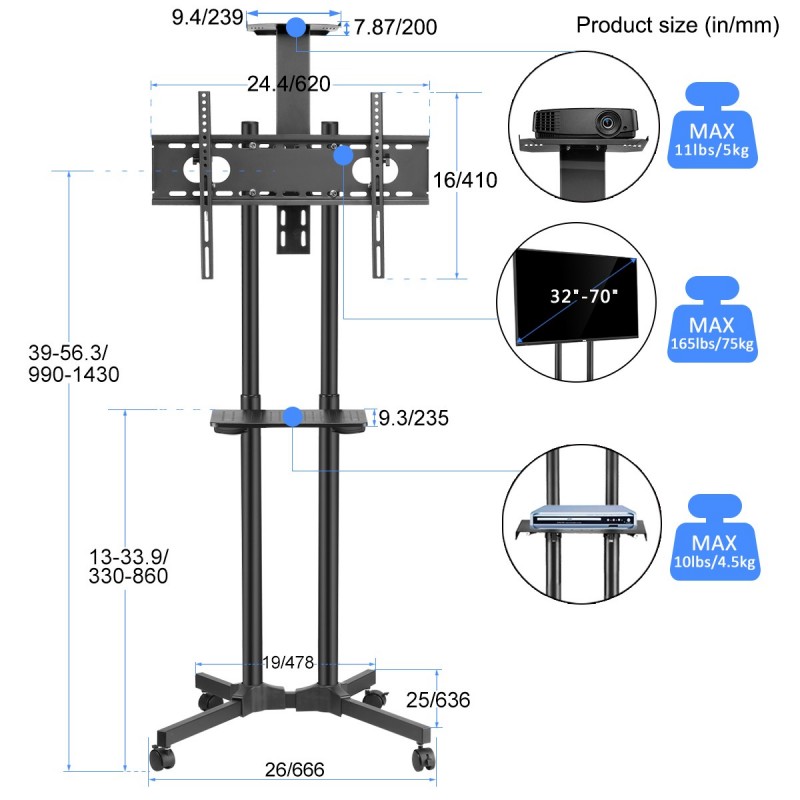 Details about   Rolling TV Cart with Tilt Mount and Wheels for 32-70 inch Flat Screen TV 