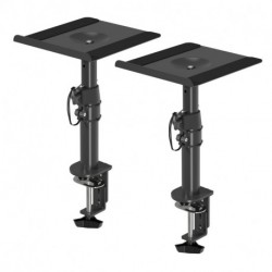 suptek Clamp-on Speaker Stand Desk Mount Set, Height Adjustment, Tilt, Swivel, 9.6 x 8.8 inch Trays, Universal Audio Holders for Computer and Bookshelf Speakers, Elevated Sound, 2 Pack, Black, SDM001B