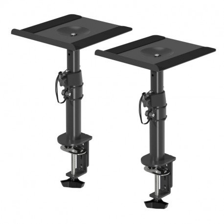 suptek Clamp-on Speaker Stand Desk Mount Set, Height Adjustment, Tilt, Swivel, 9.6 x 8.8 inch Trays, Universal Audio Holders for Computer and Bookshelf Speakers, Elevated Sound, 2 Pack, Black, SDM001B