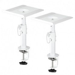 suptek Clamp-on Speaker Stand Desk Mount Set, Height Adjustment, Tilt, Swivel, 9.6 x 8.8 inch Trays, Universal Audio Holders for Computer and Bookshelf Speakers, Elevated Sound, 2 Pack, White, SDM001W